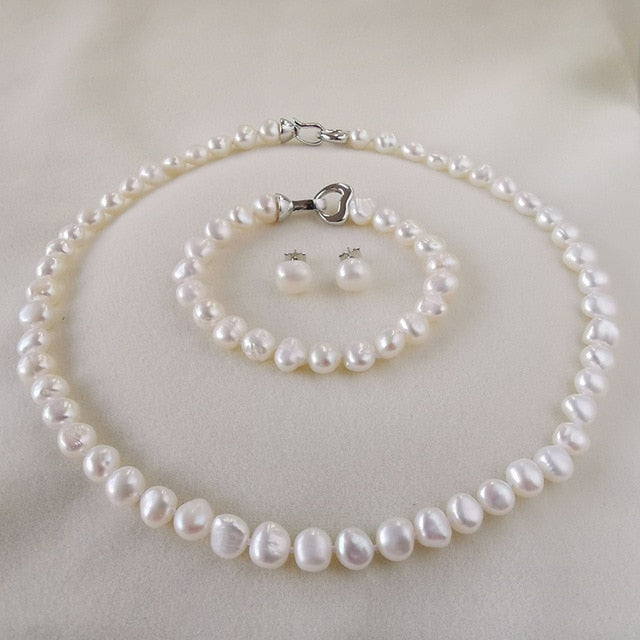 Gorgeous Freshwater Pearl Jewelry Sets with 925 Sterling Silver Necklace/Bracelet/Earrings For Women