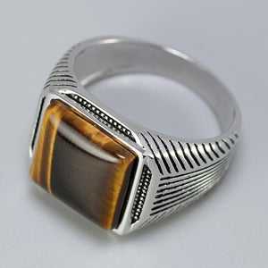 Authentic Sterling Silver 925 Man Ring With Tiger Eyes Fine Jewelry Stripe Pattern Natural Stone Cool Ring for Men