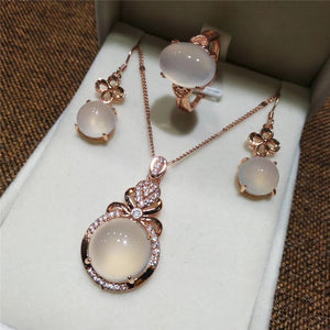 Stunning 3pcs Classic White Chalcedony Jade Jewelry Sets Rose Gold Sterling Silver 925 Women Jewelry Set Party Jewelry Gifts 2020