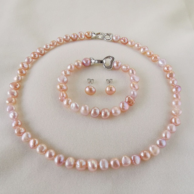 Gorgeous Freshwater Pearl Jewelry Sets with 925 Sterling Silver Necklace/Bracelet/Earrings For Women