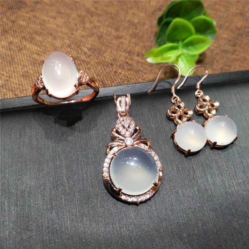 Stunning 3pcs Classic White Chalcedony Jade Jewelry Sets Rose Gold Sterling Silver 925 Women Jewelry Set Party Jewelry Gifts 2020