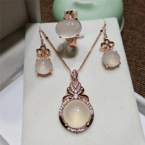 Stunning 3pcs Classic White Chalcedony Jade Jewelry Sets Rose Gold Sterling Silver 925 Women Jewelry Set Party Jewelry Gifts 2020