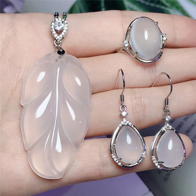 Gorgeous Jadery Charms Natural White Leaf Chalcedony Jade Jewelry Sets For Women 925 Sterling Silver Necklace/Earrings/Ring  2020 Gifts