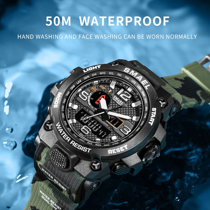 50m Waterproof Military Watches For Men with Clock Alarm & Dual Display