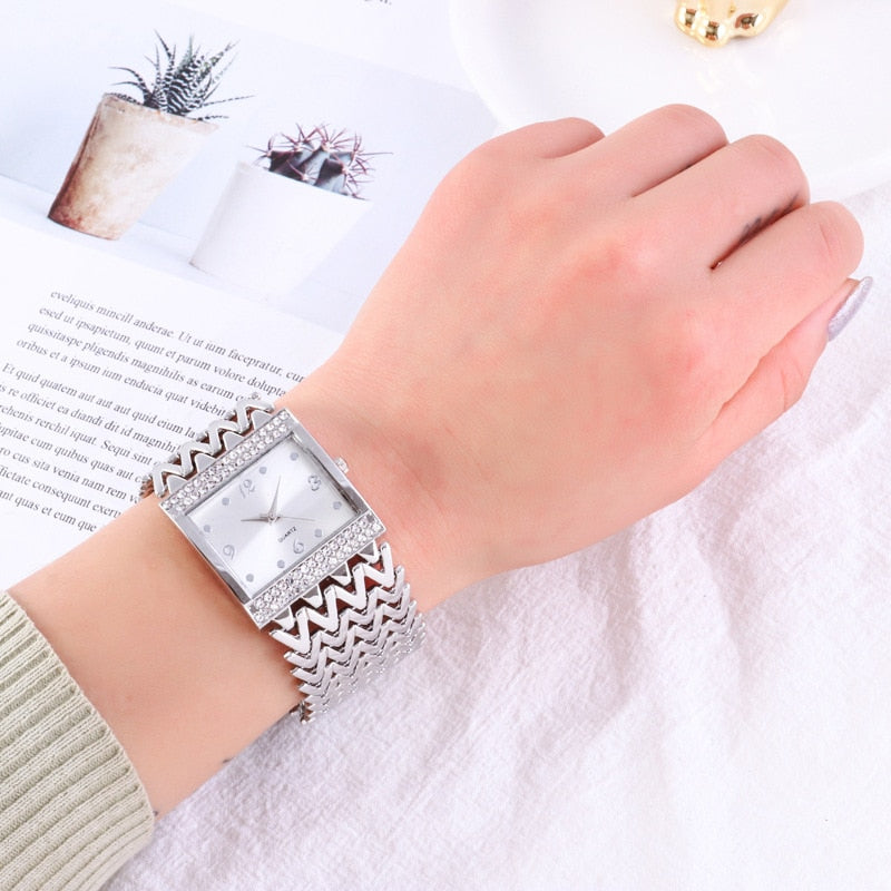 Hot Selling Square Wrist Watches for Women Stainless Steel in Rose Silver Gold Colors