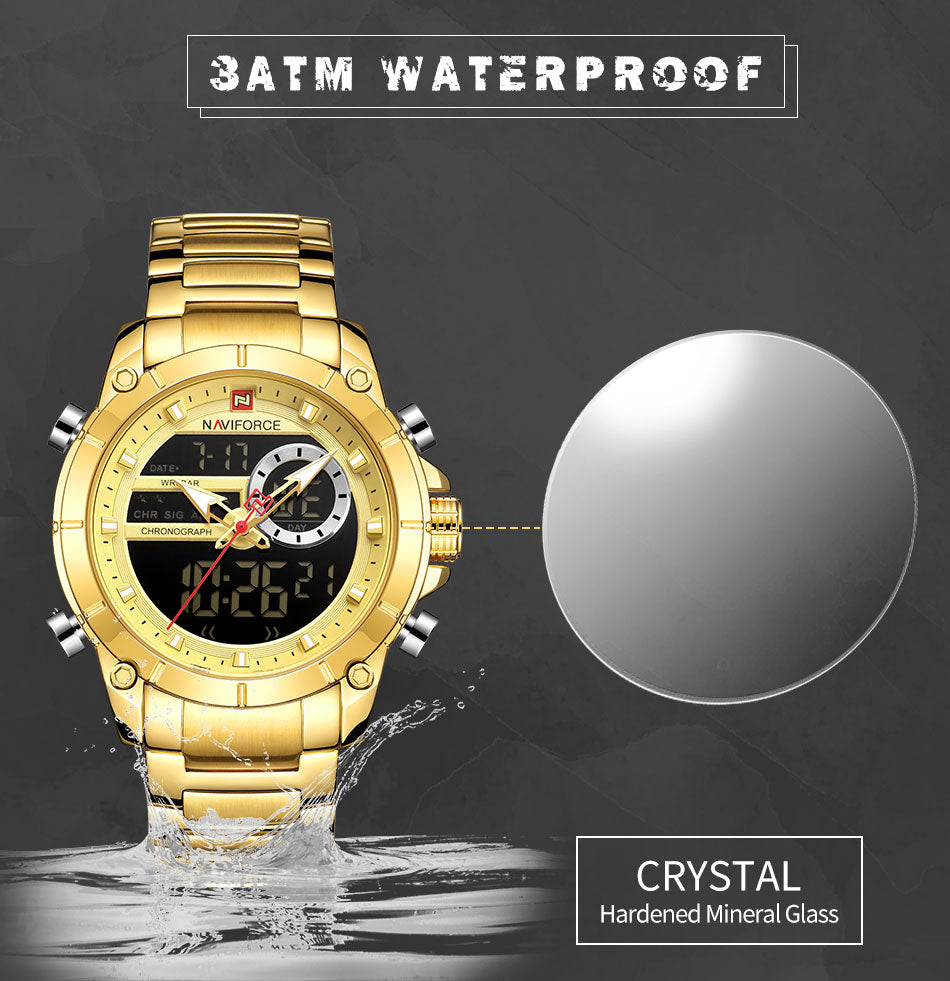 Stunning Military Men Sport Wrist Watch with Quartz Stainless Steel Waterproof Dual Display