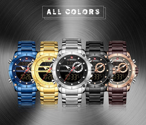 Stunning Military Men Sport Wrist Watch with Quartz Stainless Steel Waterproof Dual Display