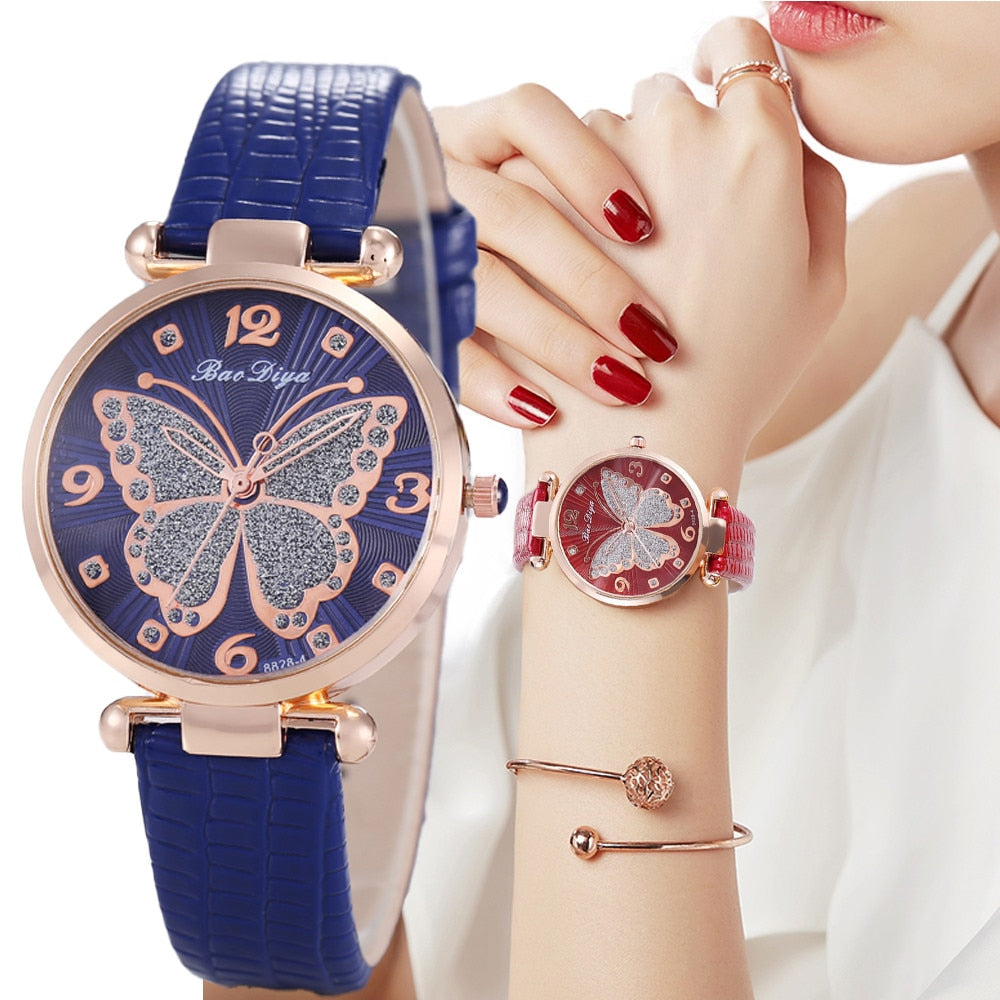 Flying Butterfly Diamond Dial Design Quartz Watches with Leather Strap Gifts for Her