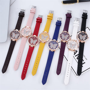 Flying Butterfly Diamond Dial Design Quartz Watches with Leather Strap Gifts for Her