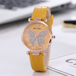 Flying Butterfly Diamond Dial Design Quartz Watches with Leather Strap Gifts for Her