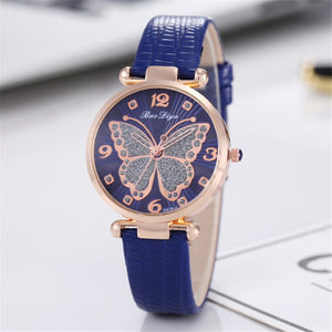 Flying Butterfly Diamond Dial Design Quartz Watches with Leather Strap Gifts for Her