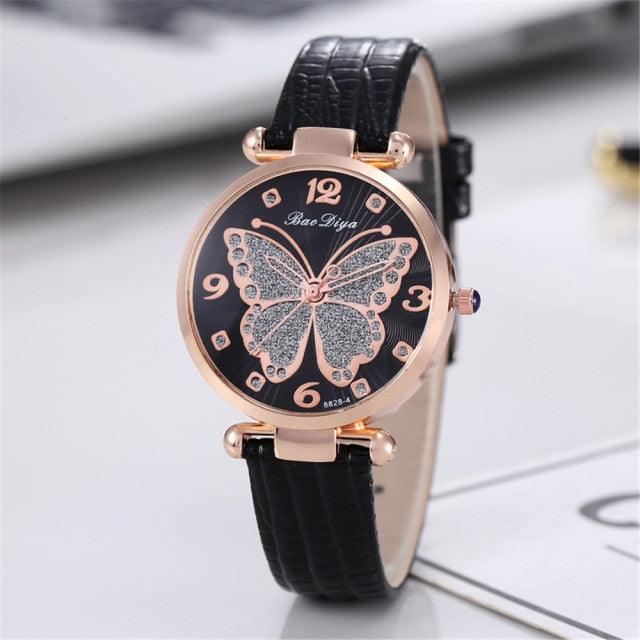 Flying Butterfly Diamond Dial Design Quartz Watches with Leather Strap Gifts for Her