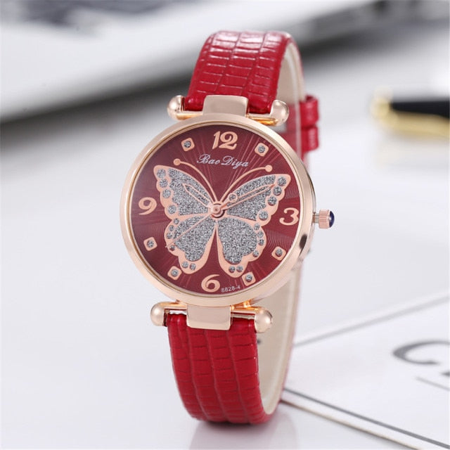 Flying Butterfly Diamond Dial Design Quartz Watches with Leather Strap Gifts for Her