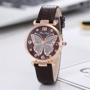 Flying Butterfly Diamond Dial Design Quartz Watches with Leather Strap Gifts for Her