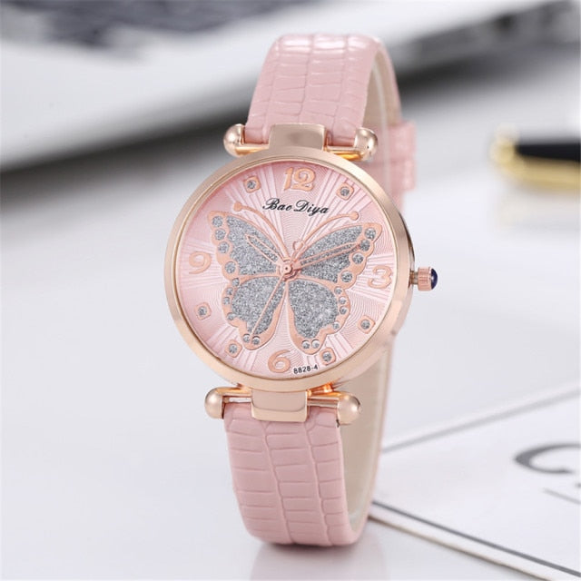 Flying Butterfly Diamond Dial Design Quartz Watches with Leather Strap Gifts for Her