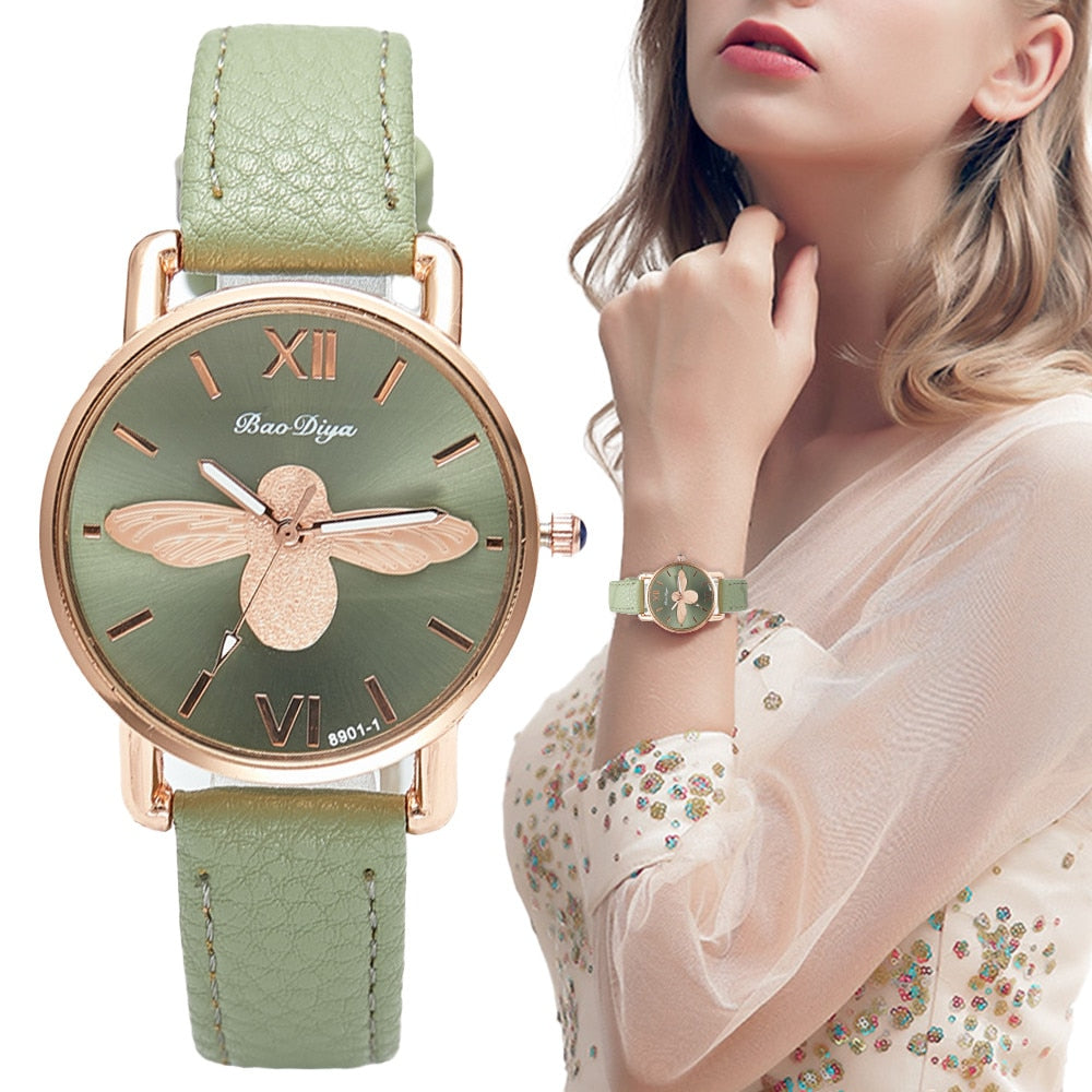 Simple Little Bee Design Women Watches with High Quality Leather Strap