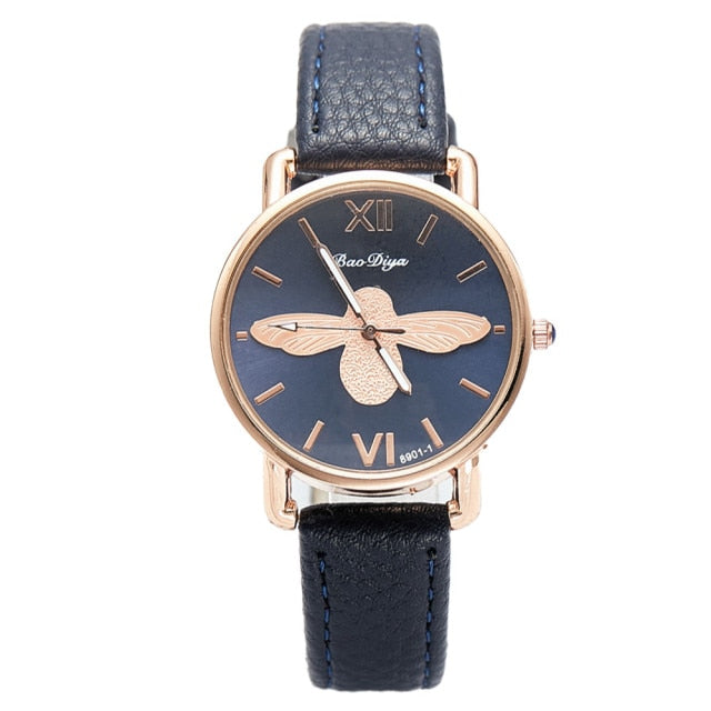 Simple Little Bee Design Women Watches with High Quality Leather Strap