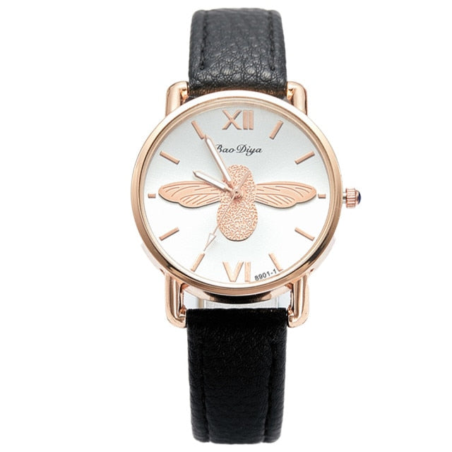 Simple Little Bee Design Women Watches with High Quality Leather Strap